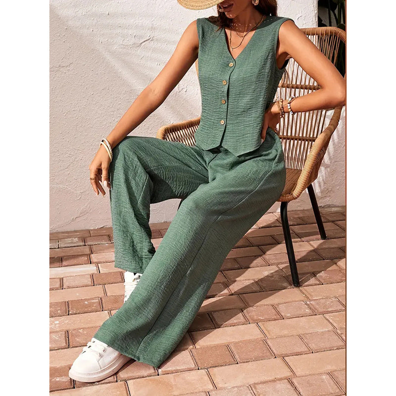 Womens Two Piece Outfits Button V Neck Crop Vest Blazer And Wide Leg Pants Suit Matching Sets