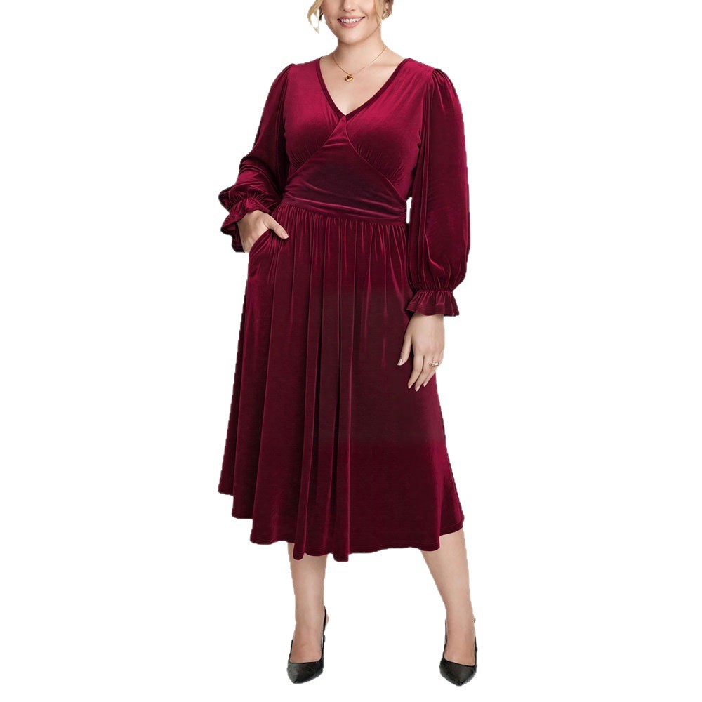 V-neck Pleated High-waist Plus-size Midi Dress
