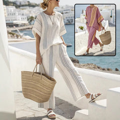Striped Suits Loose Batwing Sleeve T-shirt And Solid Straight-leg Pants