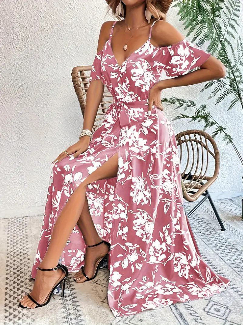 Ins Off-Shoulder Split Dress Floral Print Suspender Long Dresses With Belt Design Beach Clothing