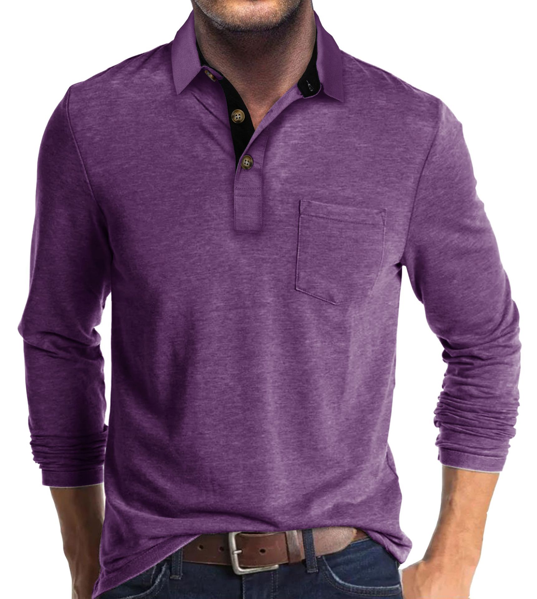 Mens Long-sleeve Lapel T-shirt Base Layer Top