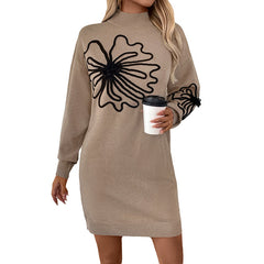 Half Turtleneck Flower Knitted Dress Sweater