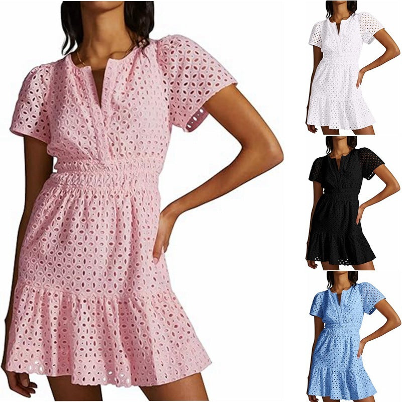 V-neck A- Line Hollow Lace Dress