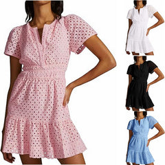 V-neck A- Line Hollow Lace Dress