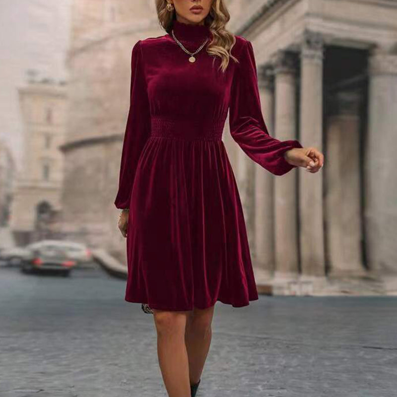 Mock Neck Velvet Midi Dress, Smocked Waist Long Sleeve Casual Dress