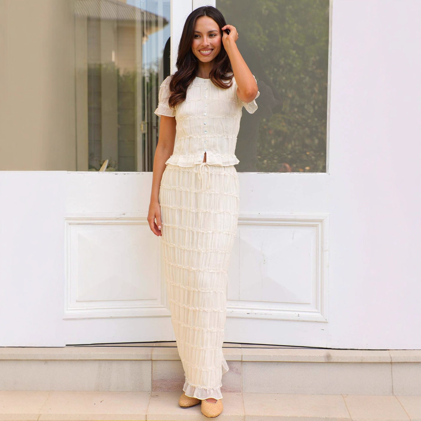 Ruffle-edged Chiffon Pleated Maxi Dress Two-piece Set