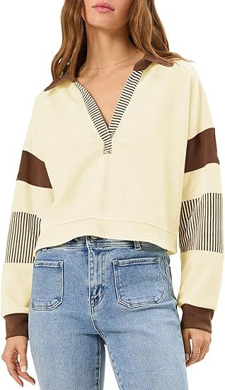Fisoew Long Sleeve Crop Tops Polo V Neck Color Block Casual Loose Pullover Cropped Sweatshirt
