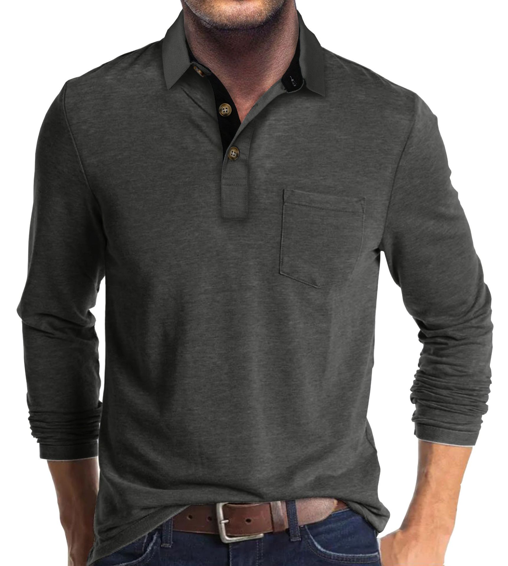 Mens Long-sleeve Lapel T-shirt Base Layer Top