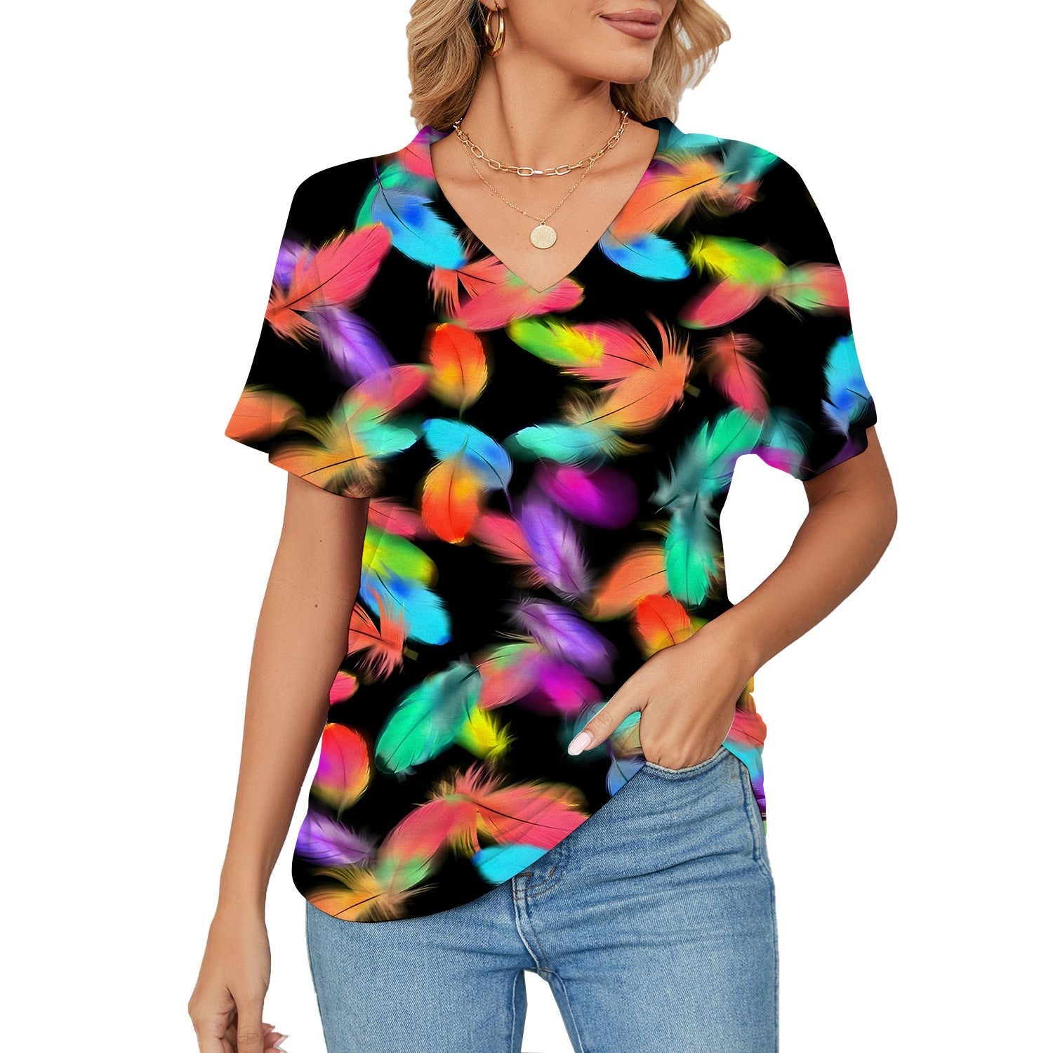 T-shirt, Natural Plant And Floral Print, Casual V-neck Short Sleeves