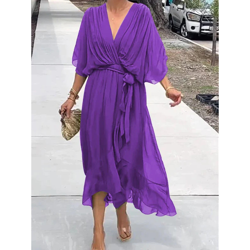 Batwing Sleeve V-neck Dress Pure Color Tied Irregular Long Dresses Womens Clothing