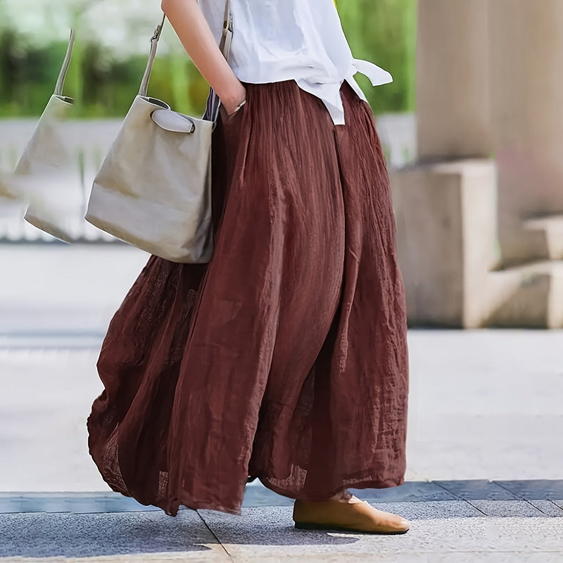 Bohemian Beach A-Line Dress Elastic Waist Flowy Long Maxi Skirt With Pockets