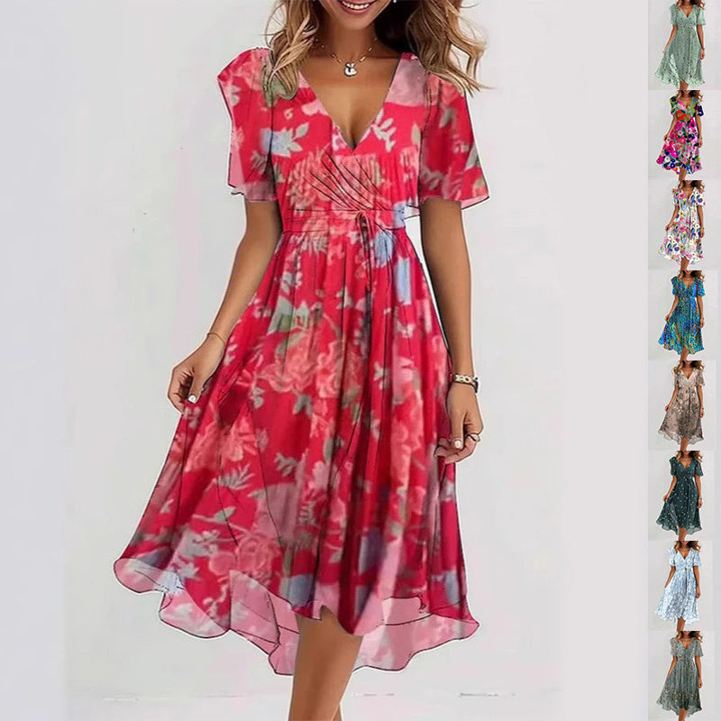 Flowers Printed V-neck Dress A-line Short-sleeved Dresses For Women