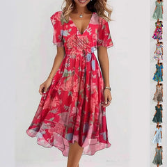 Flowers Printed V-neck Dress A-line Short-sleeved Dresses For Women