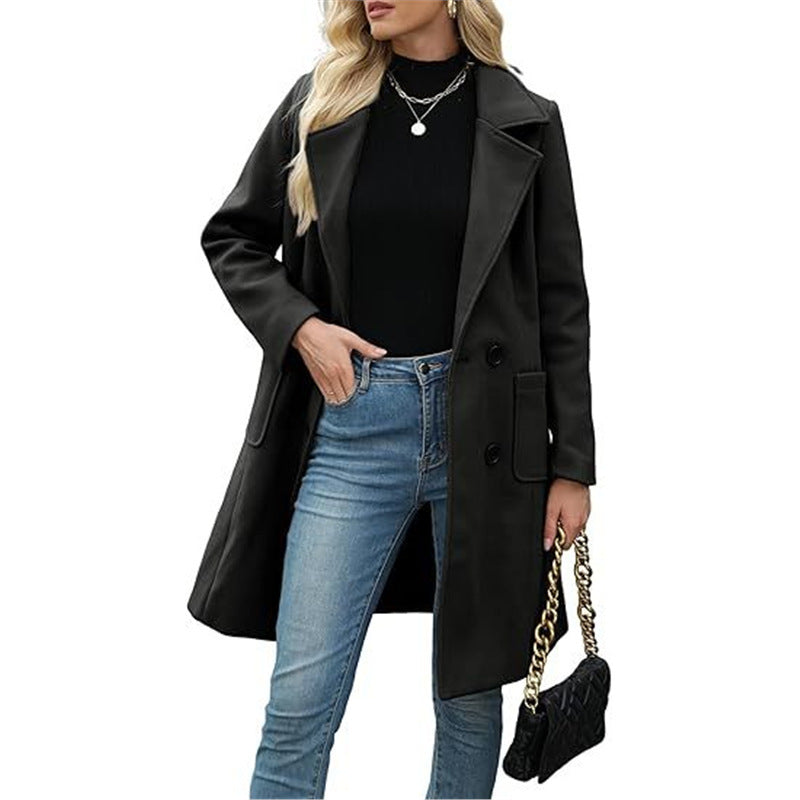 Korean Style Slim Mid-length Double Breasted Turn-down Collar Coat