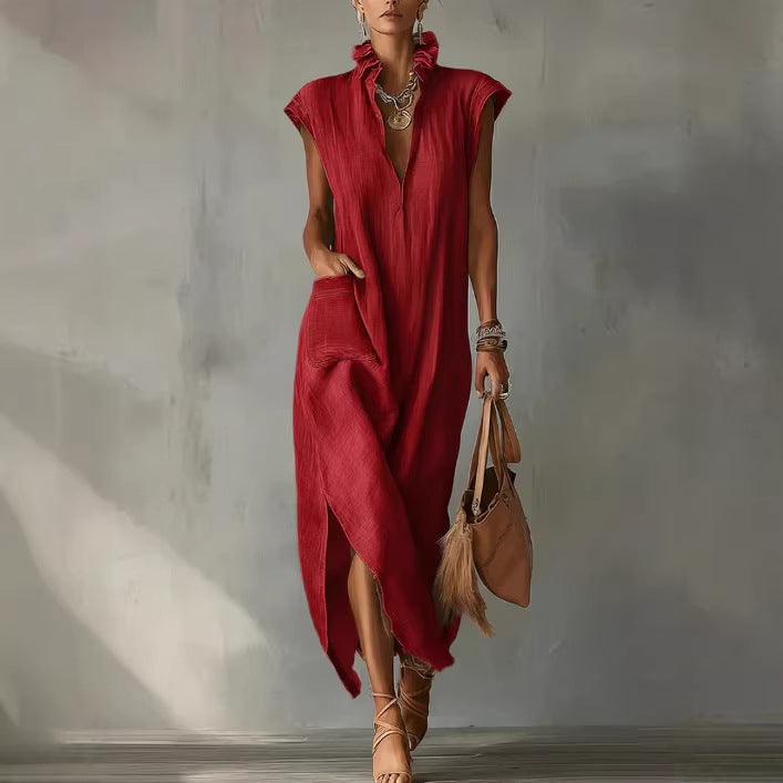 Cotton-Linen Sleeveless Solid-Color Dress