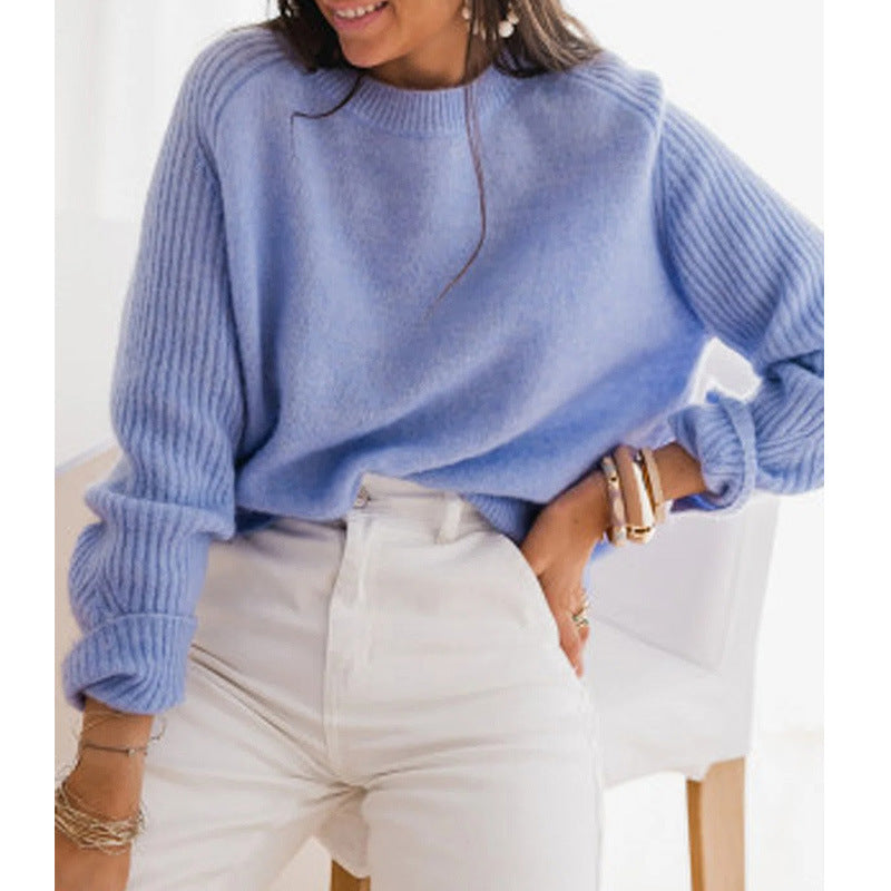 Milk Blue Bedford Cord Sweater Round-collar Long-sleeve Knitwear Casual Clothing Knit Top Outerwear