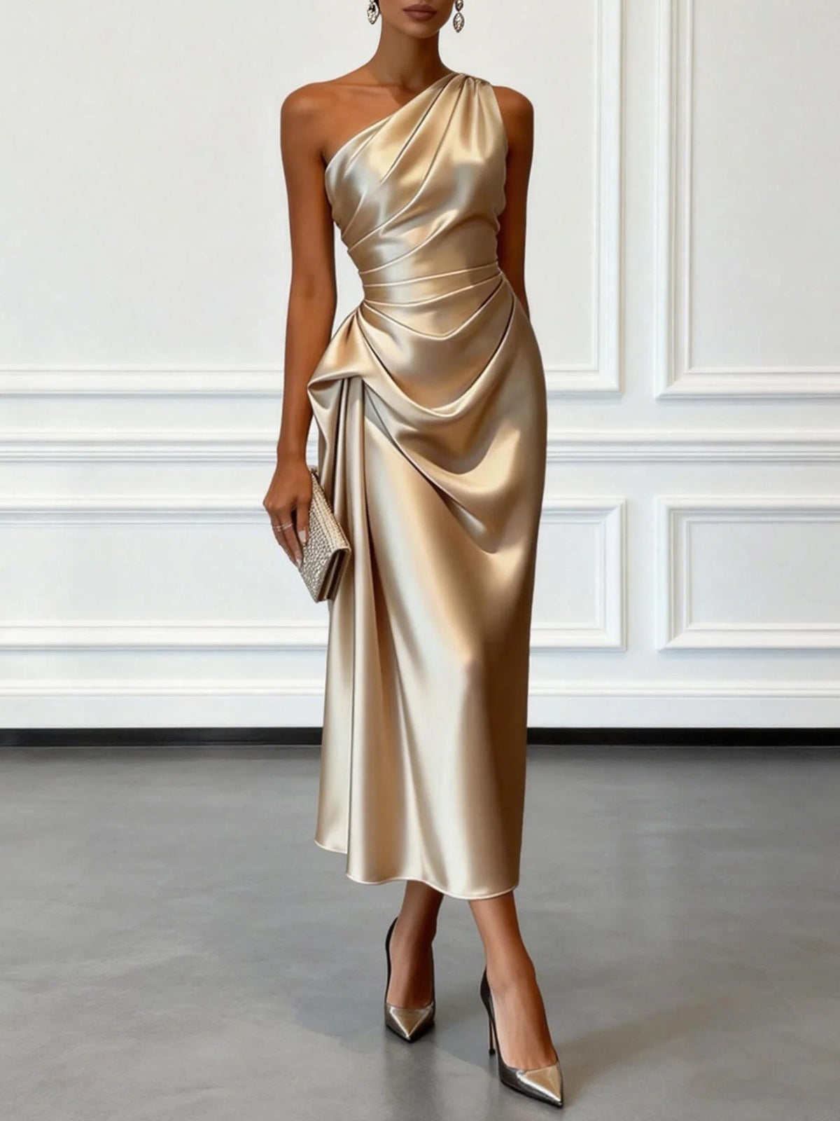 Womens Satin Pleated Waist-cinching Dress