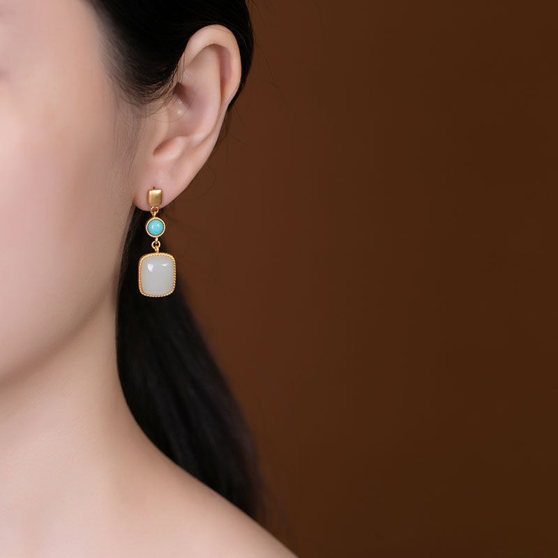 Square Hetian Jade Ear Studs Women