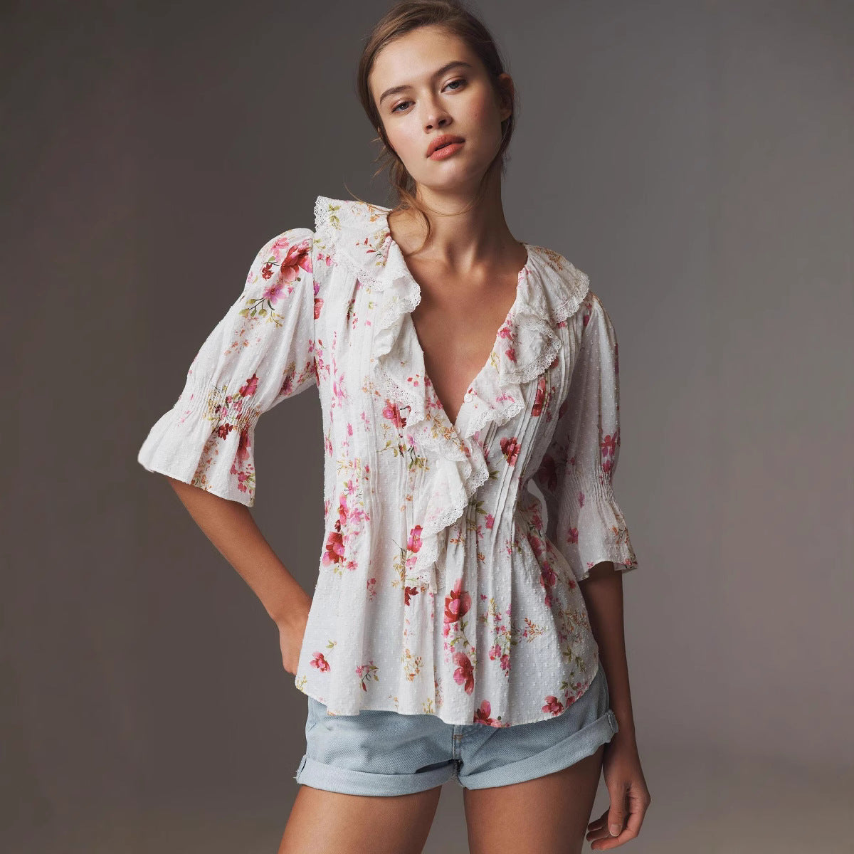 Jacquard Ruffled-edge Loose And Comfortable Shirt