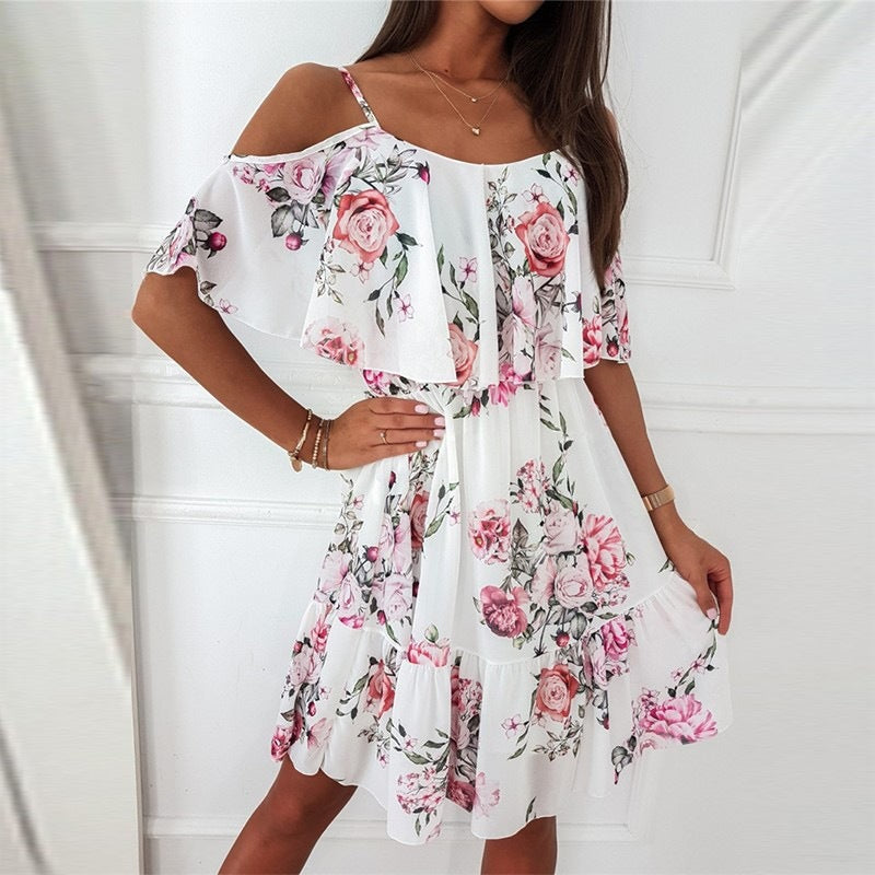 Flower Printed Ruffled Suspender Dress â€?Off-the-Shoulder Strap Dress
