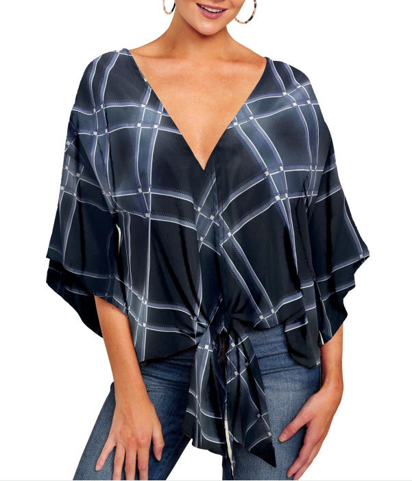 V Neck Blouse Leopard Print Shirts Floral Tie Front Blouses Batwing Oversize Ladies Tops