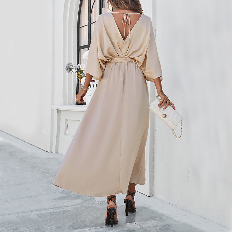 V-Neck Bat Sleeve Long Dress â€?Split Design, High Waist, Lace-Up Elegant Fit