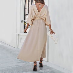 V-Neck Bat Sleeve Long Dress â€?Split Design, High Waist, Lace-Up Elegant Fit