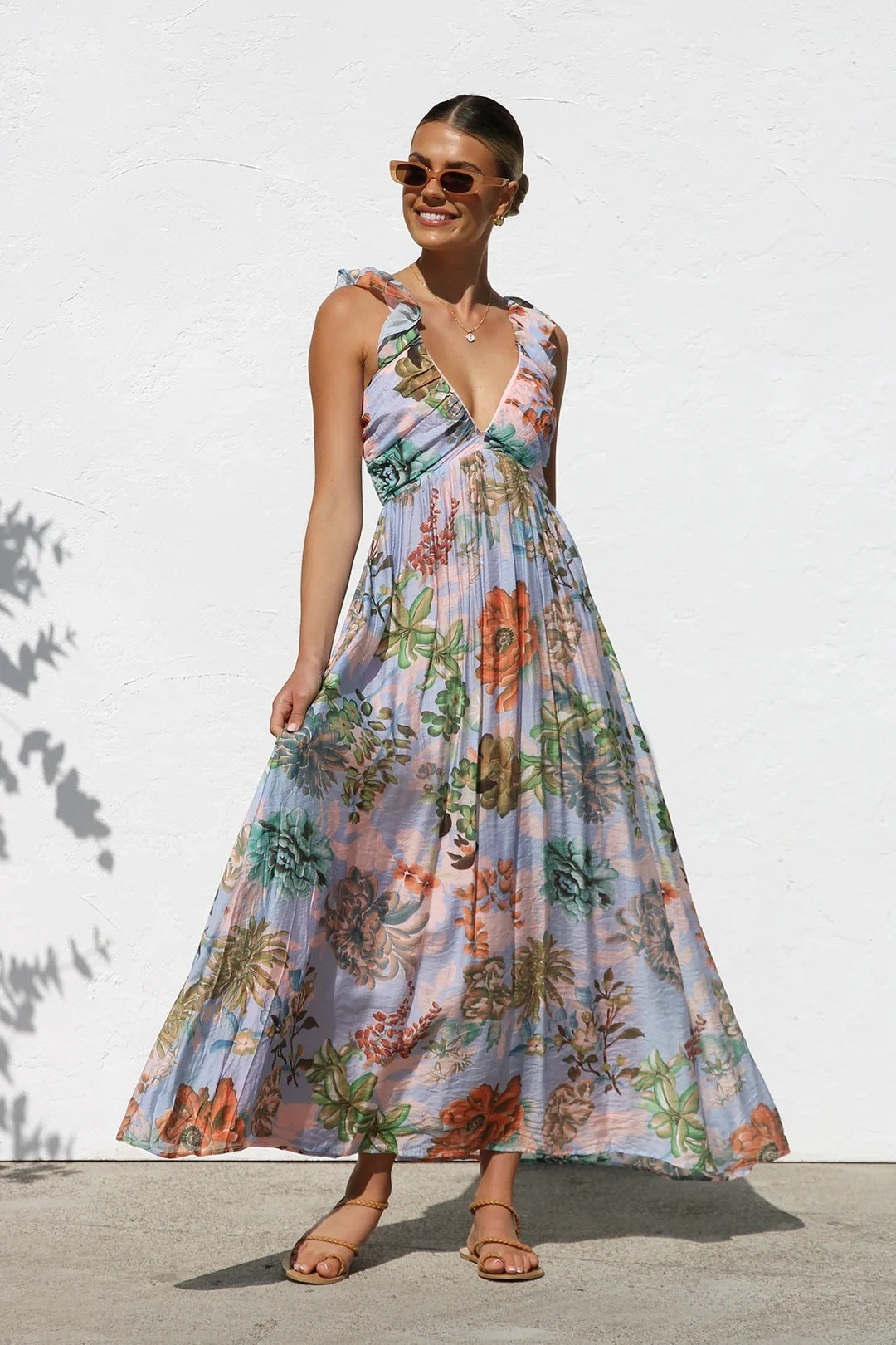 Printed V-neck Large Swing Suspender Dress
