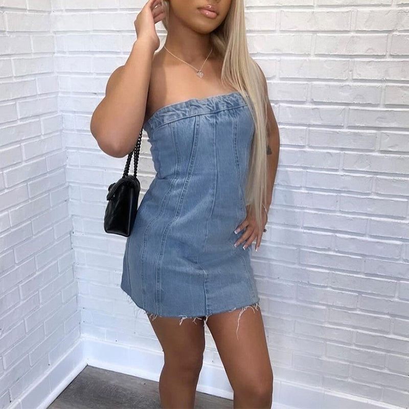 Backless Tube Denim Dress Y2K Slim Short Dresses For Clothing