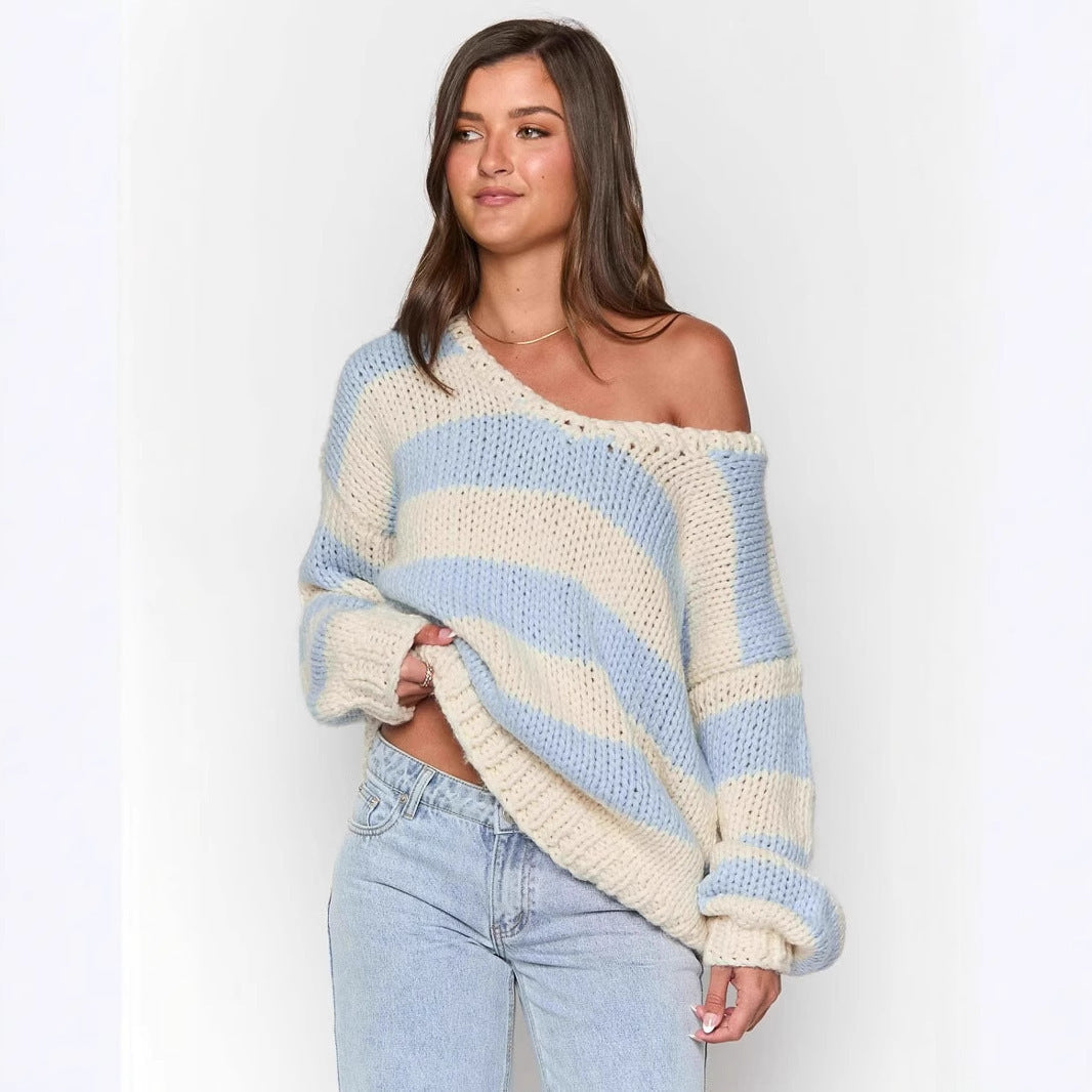 Fall Casual Loose Knitted Sweater Oblique Shoulder