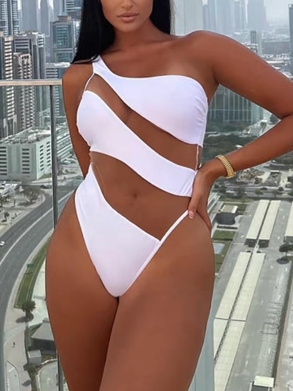 Off-Shoulder Transparent One-Piece Swimsuit