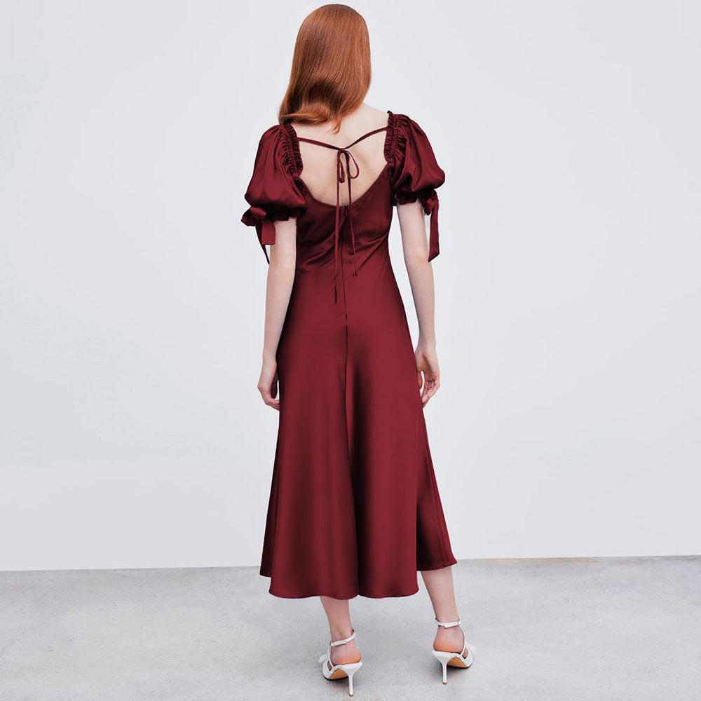 Waist Fishtail Skirt Party Party Satin Satin Red Dress