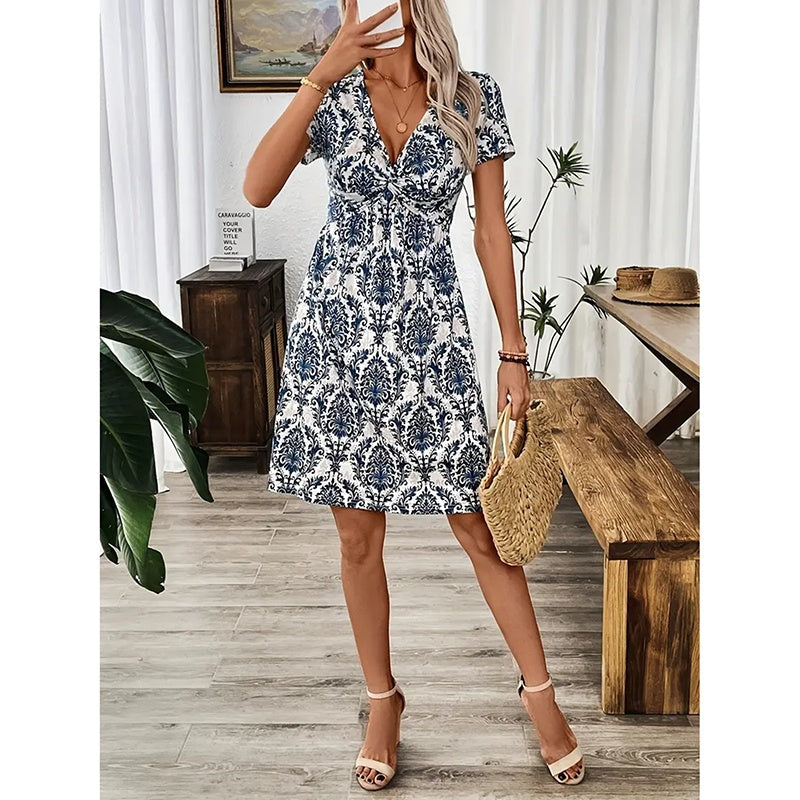 Vibrant Leopard Print Twist Front V Neck Casual Short Sleeve Bodycon Mini Dresses