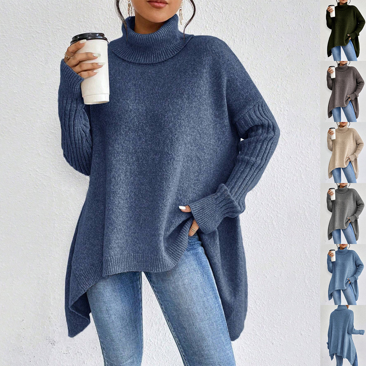 Irregular Turtleneck Sweater Loose Long Sleeve Knitted Tops Leisure Warm Pullover Sweater Clothing