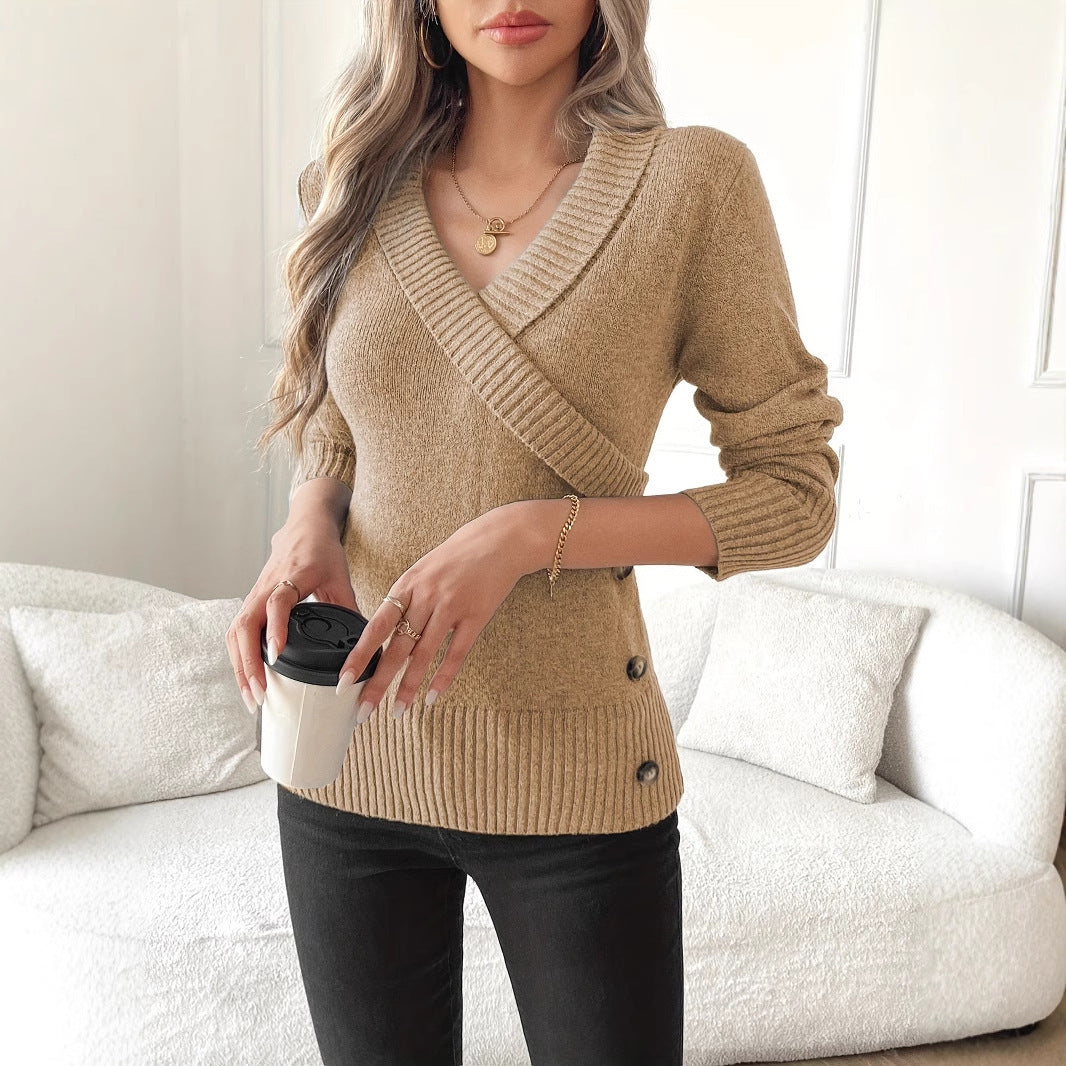 Pullover Button Elegant Knitted Sweaters Clothing