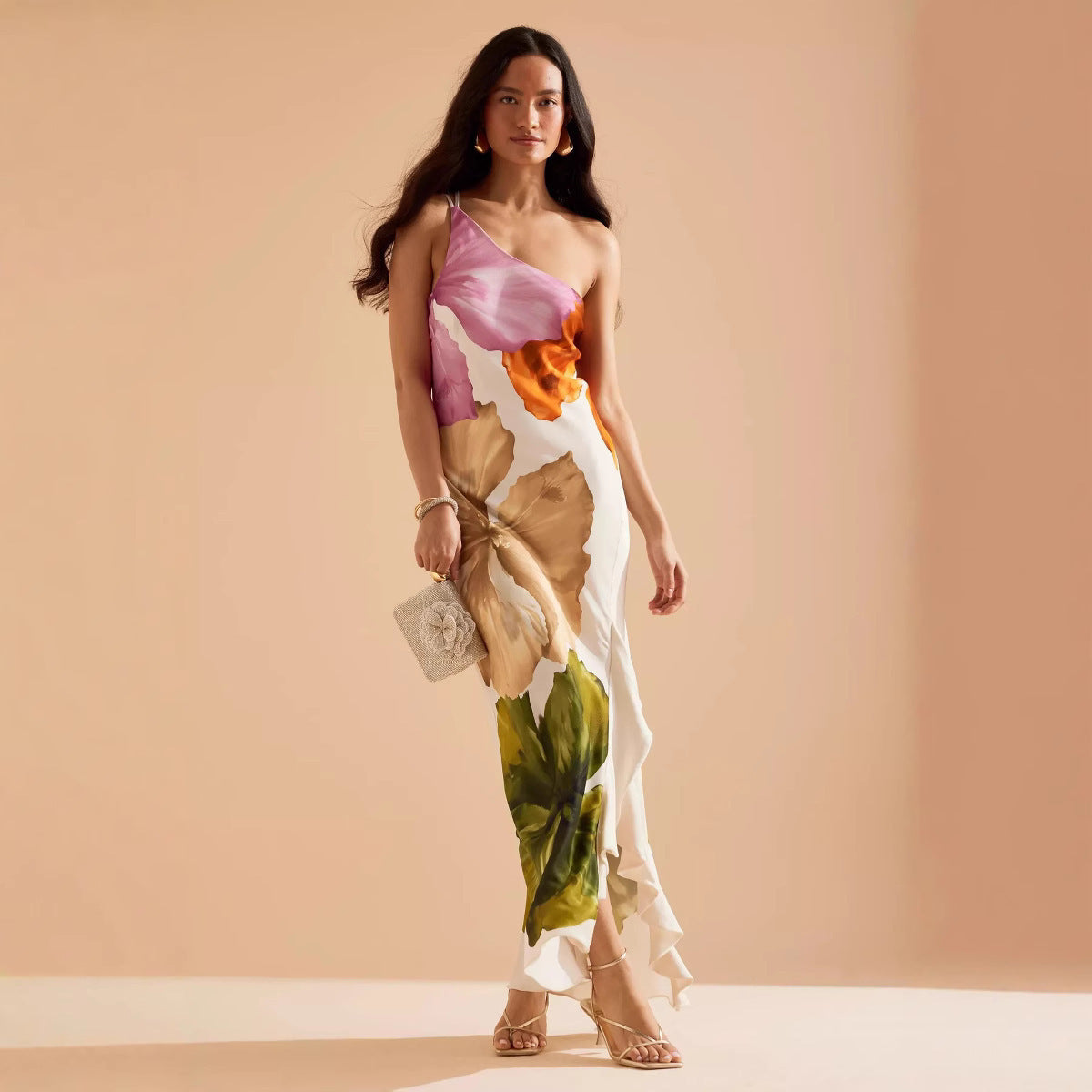 Spring And Oblique Shoulder Positioning Printing Female Dress