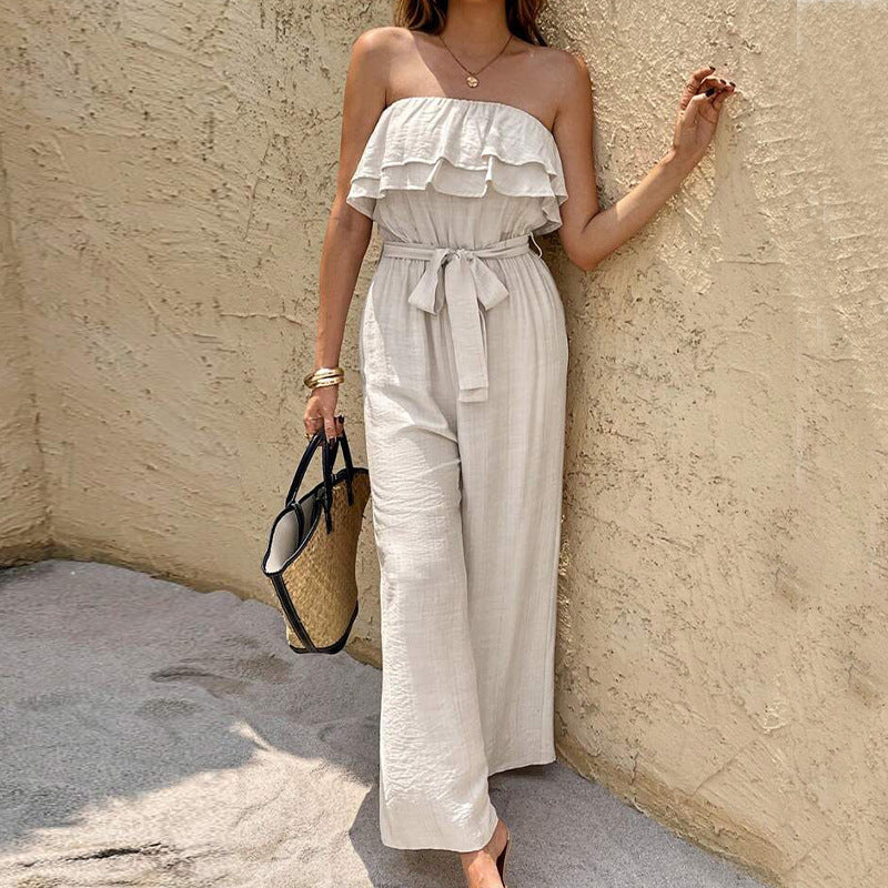Sleeveless Tube Top Jumpsuit Ruffled Tied Jumpsuit