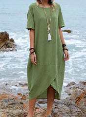 Maxi Dress Neck Pocket Loose Casual Baggy Robe Female Retro Long Dresses