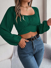 Casual Lantern Sleeve Tie Waist Chiffon Crop Top