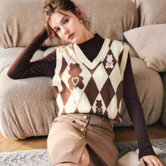 Knitted Vest Rhombus V-neck Bandage Dress Sweater