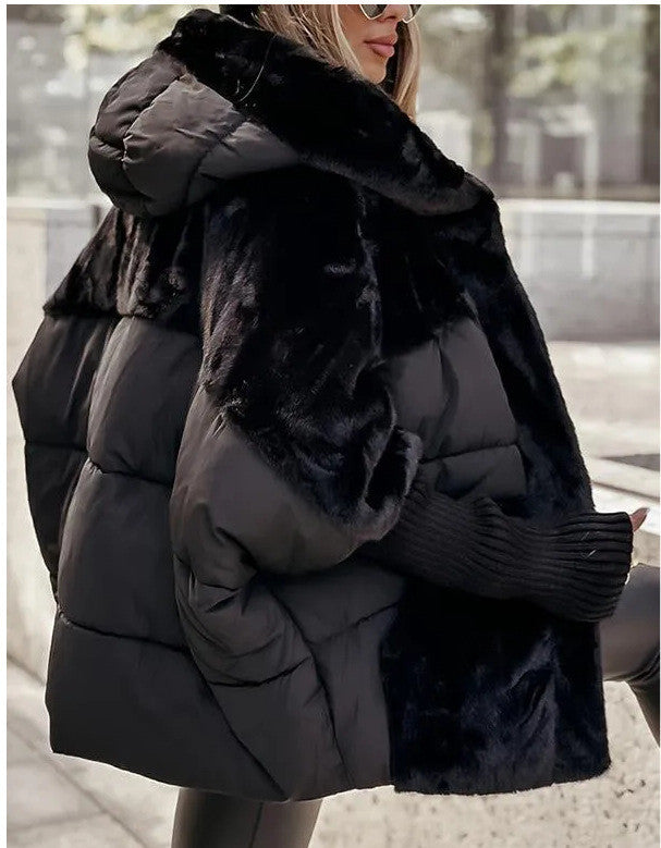 Loose Cotton Coat Faux Fur Patchwork Coat Comfort Chic Long Sleeve Hooded Jacket