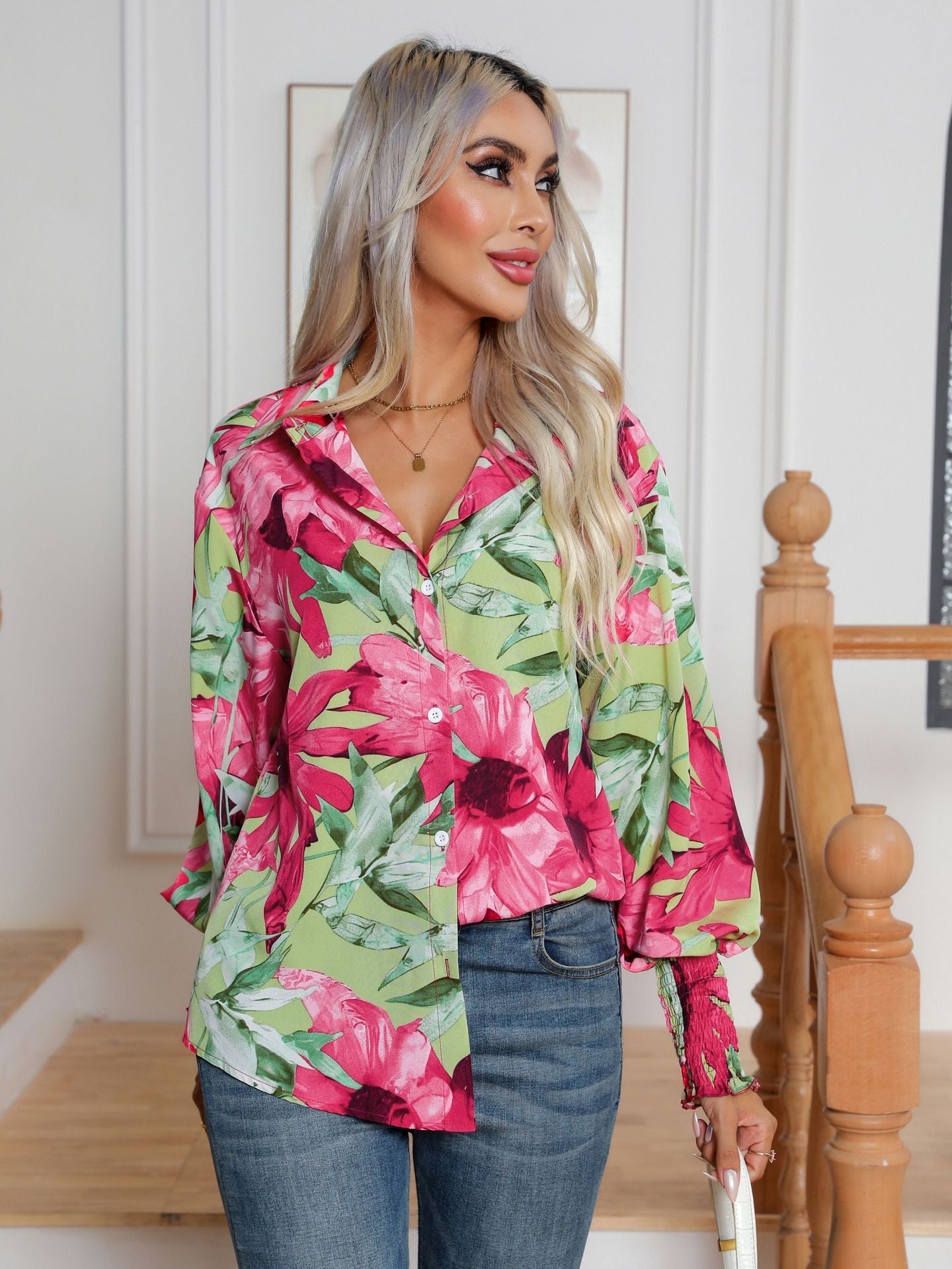 Printing Lantern Sleeve Shirt Women