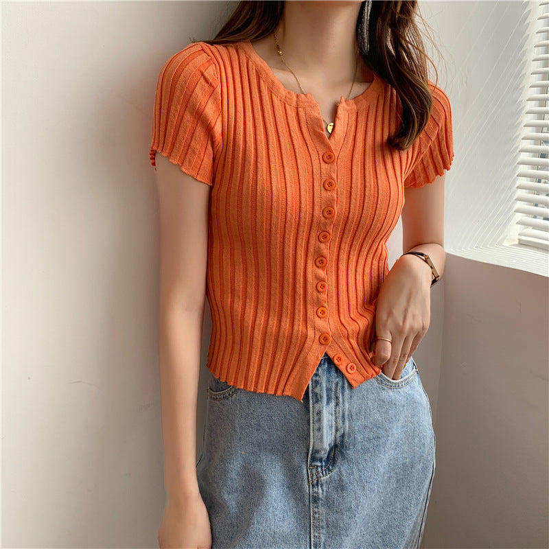 Style High Waist Cropped Short Slim Top Short Sleeve Knitted Cardigan
