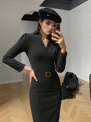 Slim-fitting Casual Suit Dress V-neck Long-sleeved Dresses Commuting Office Clothing For Women