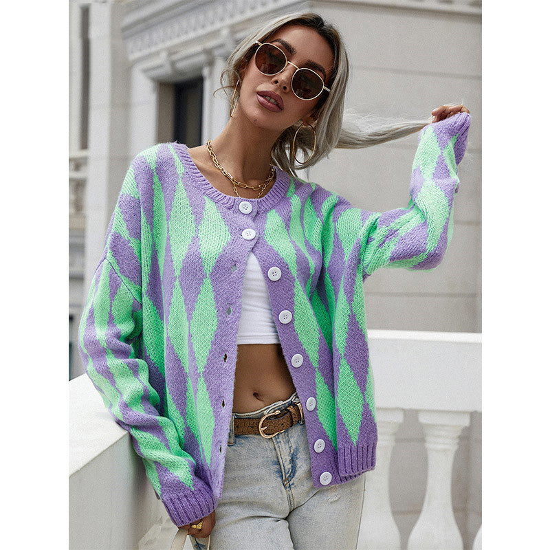 Sweater Single-breasted Printed Round Neck Knitted Cardigan Jacket