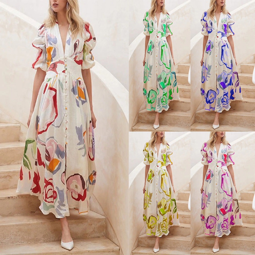 Print Dresses For V-neck Button Short Sleeve Dress