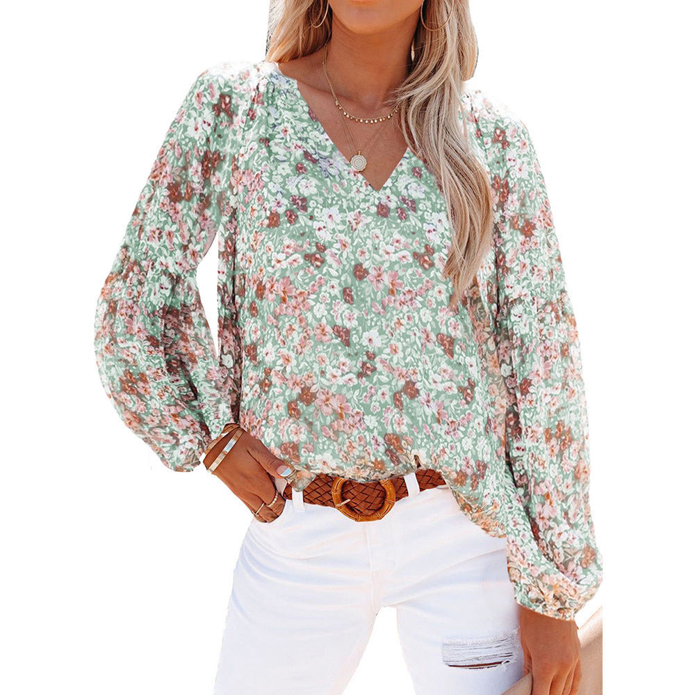 Lantern Sleeve Shirt Floral Print Chiffon Shirt