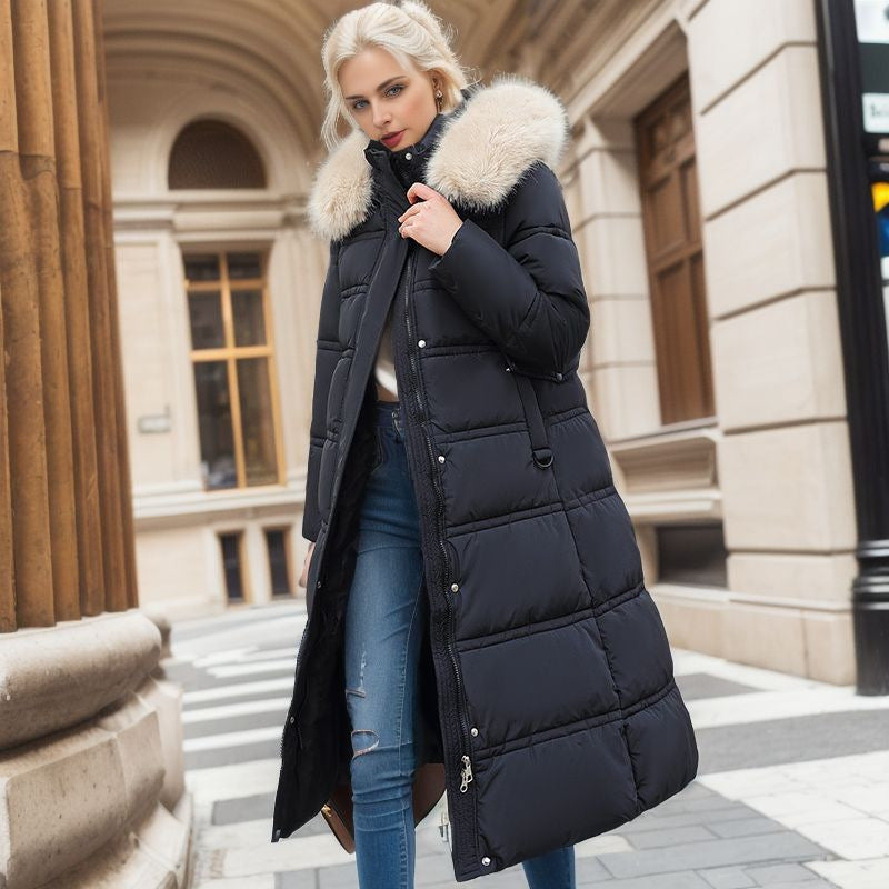 Slim Long Jacket With Fur Hood And Belt Solid Hooded Coat Warm Clothing For Women