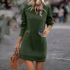 Midi Dress Round Neck Long Sleeve Solid Color Dress