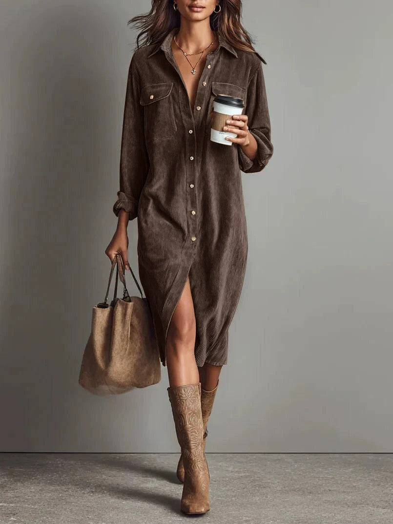 Turn-Down Collar Buttons Chic Casual Dress, Spring Solid Simple Party Dress, Long Sleeve Holiday Ladies Dress